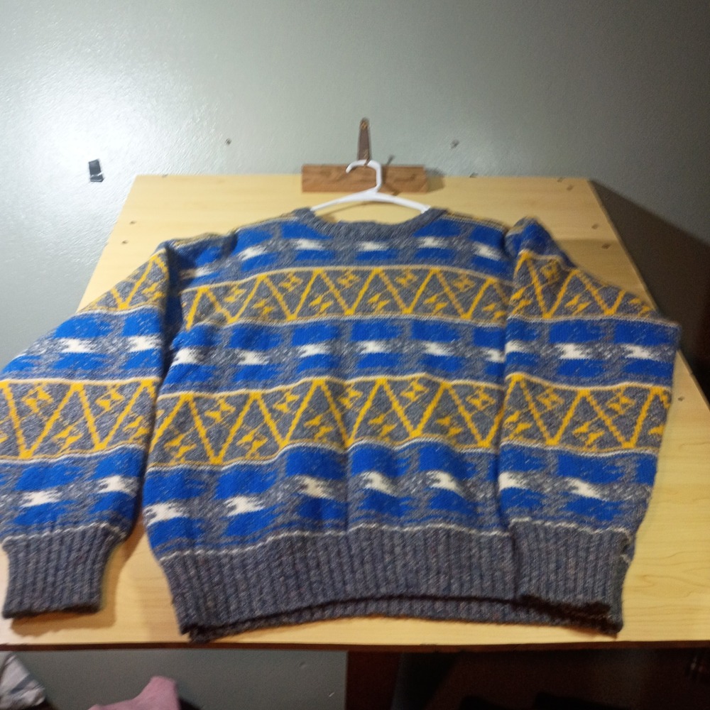 Hunt Club Sweater Men L 42-44 Blue Yellow Wool Blend Geometric Vintage Crewneck - Picture 10 of 11